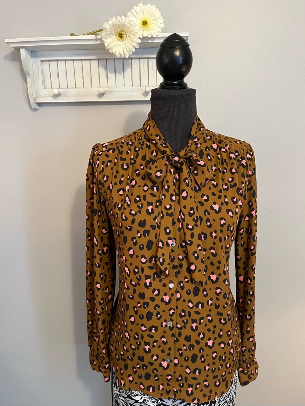 J. Crew Brown Leopard Print Tie-Neck Blouse with Pink Accents EUC
